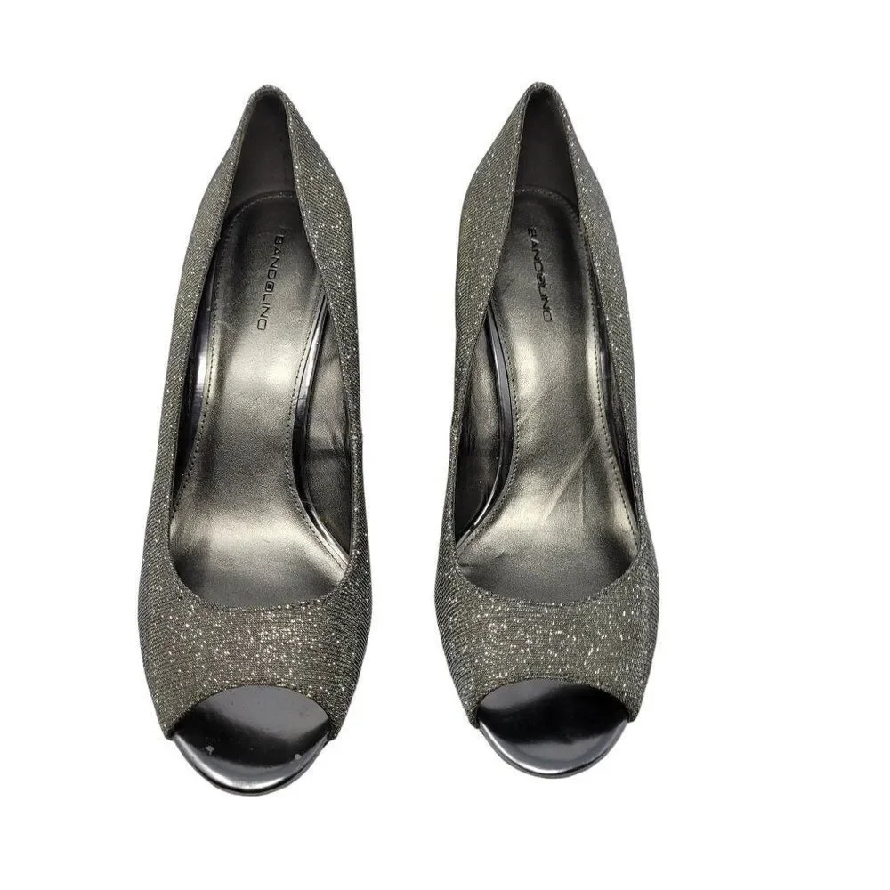 Bandolino Womens BDTufflove Wedge 11 Heel Metallic Silver Sparkle Peep Toe Glam‎